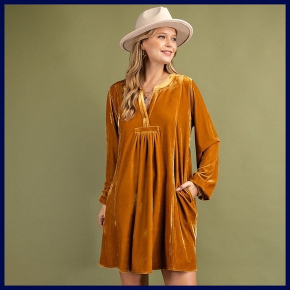 EASEL Long Sleeve Luxury Soft Velvet V-Neck Dress With Balloon Sleeve & Pockets - Picture 16 of 16